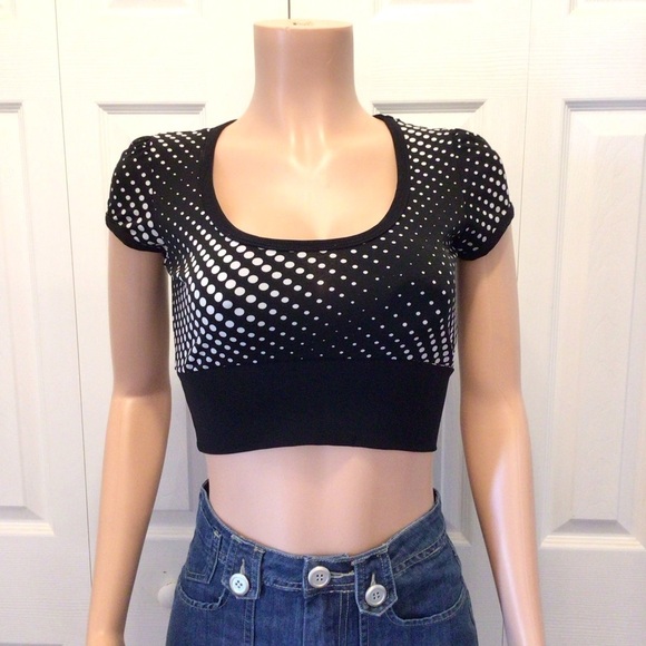 lola Tops - Lola Womens Black/White Polka Dot Short Sleeve Stretch Crop Top Size Medium